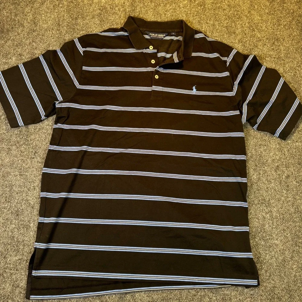 Polo Golf Ralph Lauren Mens Large Striped Short Sleeve Polo Shirt Brown Blue
